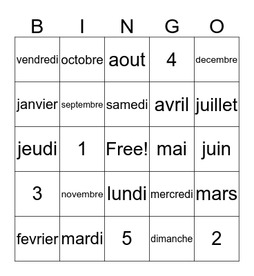 Months of the Year in French Bingo Card