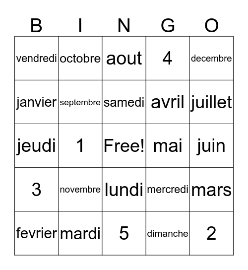 Months of the Year in French Bingo Card