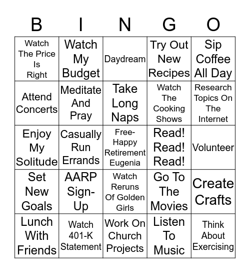 What Will I Do In Retirement? Bingo Card