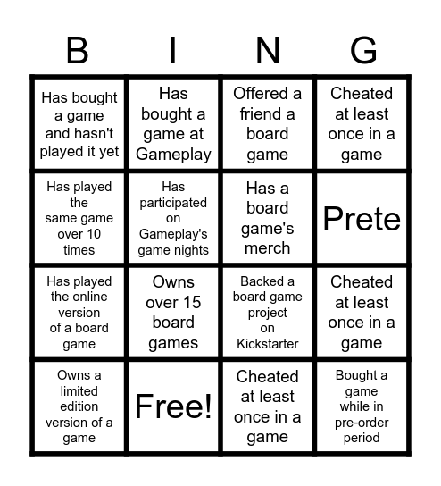 Gameplay Bingo Edition Bingo Card