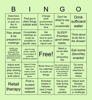 Beating Burnout BINGO Card