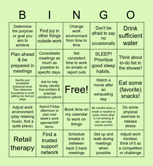 Beating Burnout BINGO Card