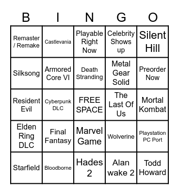 Playstation Showcase 2023 Bingo Card