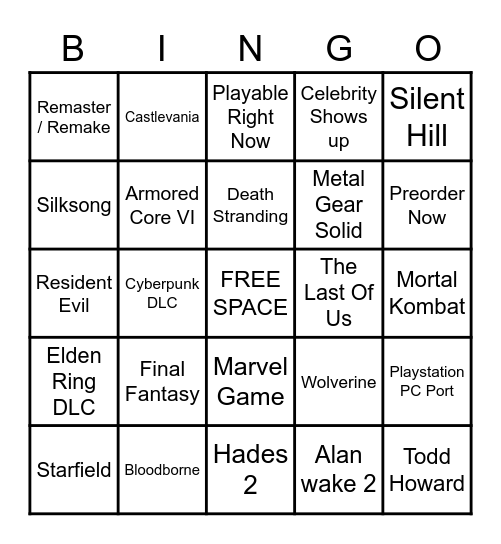 Playstation Showcase 2023 Bingo Card