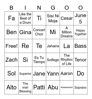 Hylton Concert Choir Bingo Card