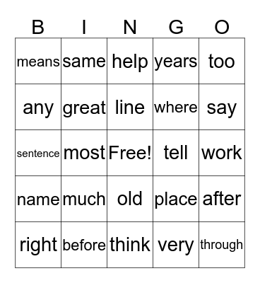 Fry Sight Words Bingo Card