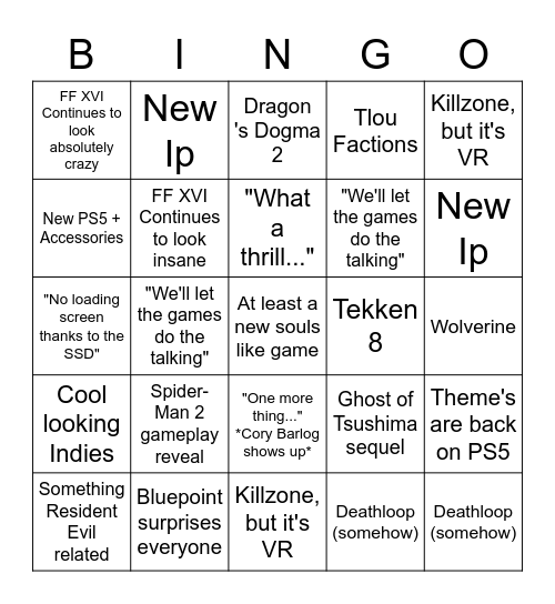 PlayStation Showcase bingo card Bingo Card