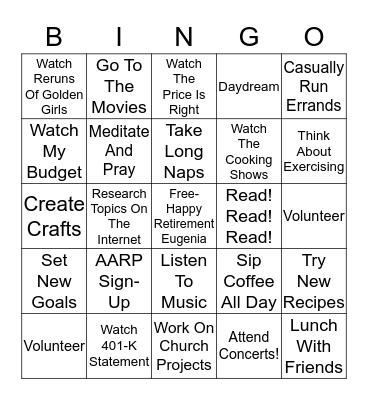 What Will I Do In Retirement? Bingo Card