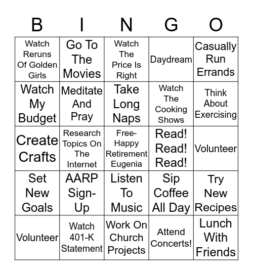 What Will I Do In Retirement? Bingo Card