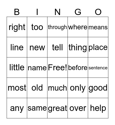 Fry Sight Words Bingo Card