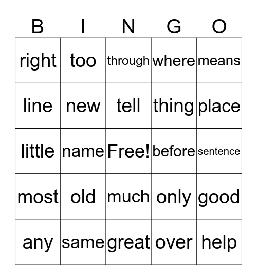 Fry Sight Words Bingo Card
