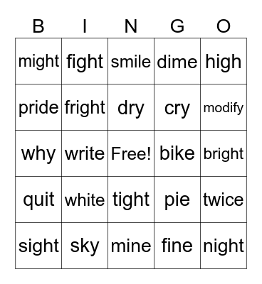 /i/, i-e, igh, y Bingo Card