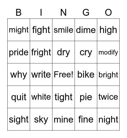 /i/, i-e, igh, y Bingo Card