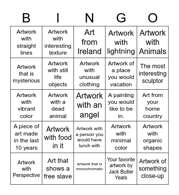 Art Museum Scavenger Hunt Bingo Card