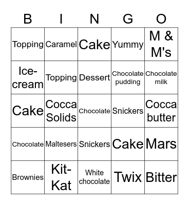 CHOCOLATE BINGO! Bingo Card