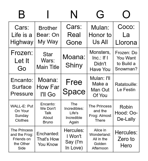 Disney Songs II Bingo Card