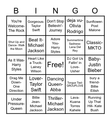 Musical Bingo Card