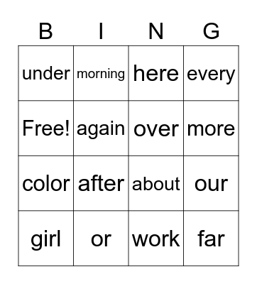 Unit Words Bingo Card