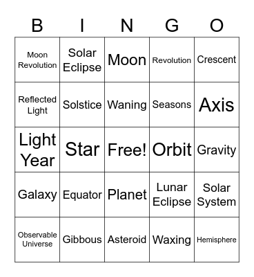 Astronomy Review Bingo Card