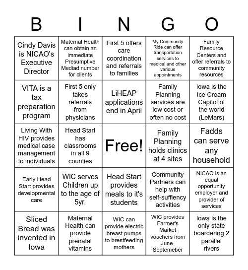 NICAO BINGO Card