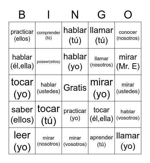 Spanish present tense indicative Bingo Card
