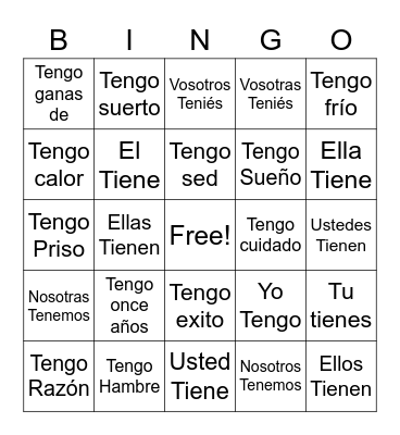 Tener Idioms Bingo Card