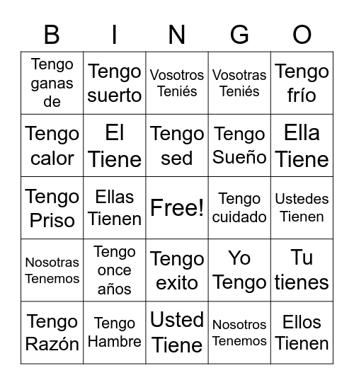 Tener Idioms Bingo Card