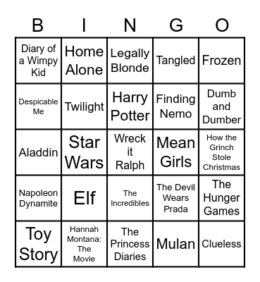Movie Quote Bingo Card