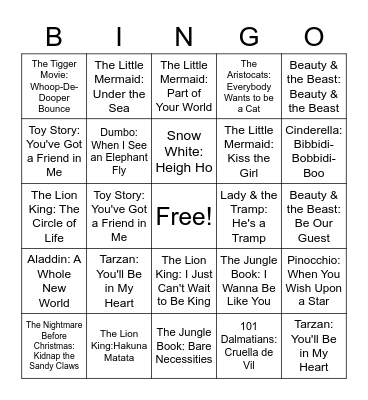 Disney Songs Bingo Card