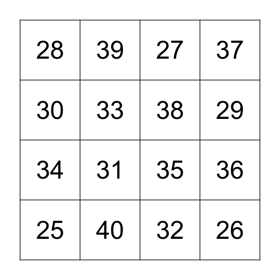 BIngo 20 al 40 Bingo Card