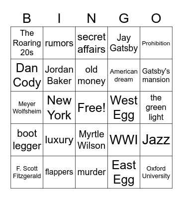 The Great Gatsby Bingo Card
