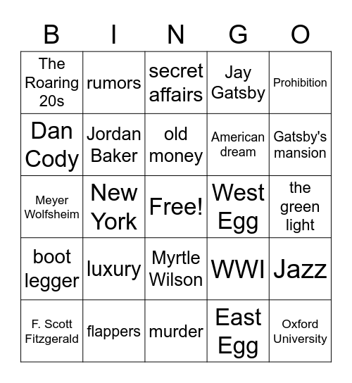 The Great Gatsby Bingo Card