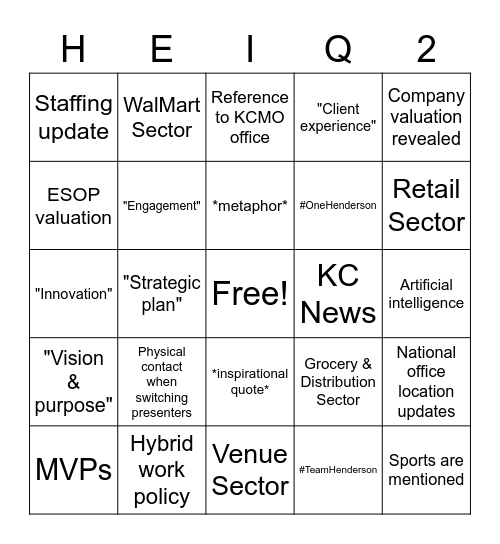 Henderson Q2 Company Meeting Bingo Card