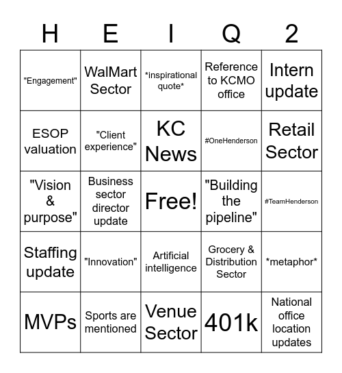 Henderson Q2 Company Meeting Bingo Card