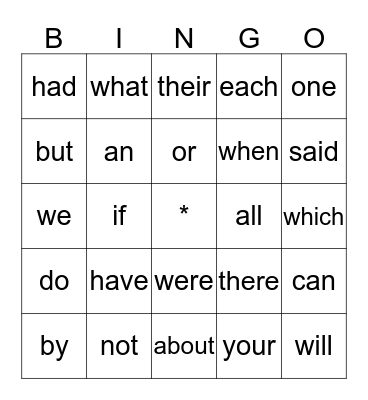 Sight Words Bingo Card