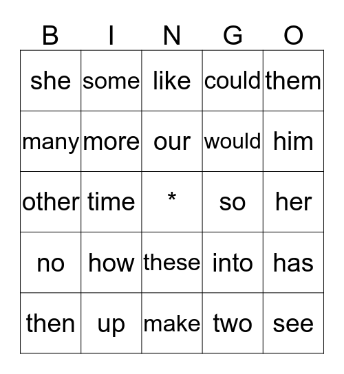 Sight Words Bingo Card