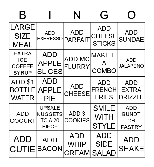 PEAK HOUR BINGO LUNCH/DINNER Bingo Card