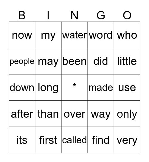 Sight Words Bingo Card