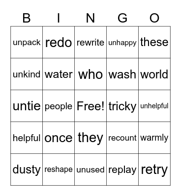 Spelling Words Bingo Card