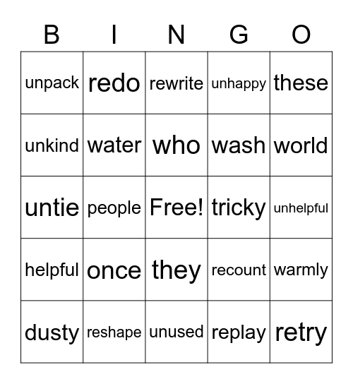 Spelling Words Bingo Card