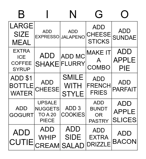 PEAK HOUR LUNCH/DINNER Bingo Card