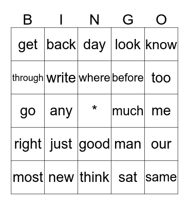 Sight Words Bingo Card