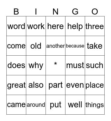 Sight Words Bingo Card