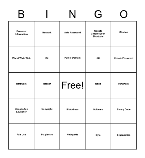 Digital Literacy Bingo Card