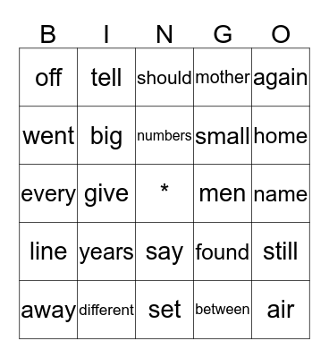 Sight Words Bingo Card