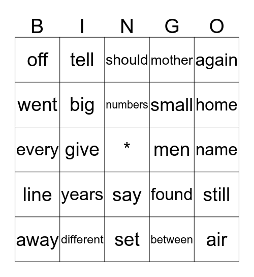 Sight Words Bingo Card