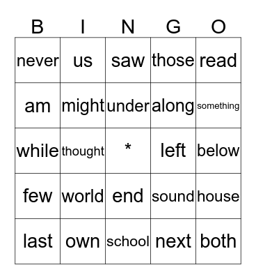 Sight Words Bingo Card