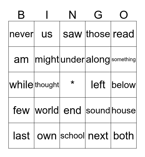 Sight Words Bingo Card