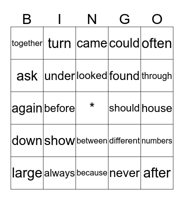 Sight Words Bingo Card