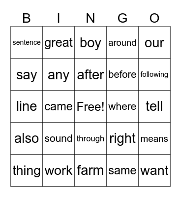 2nd grade sight word Bingo Card